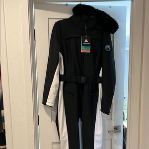 Black and White Women's ski Suit with Fur Trim